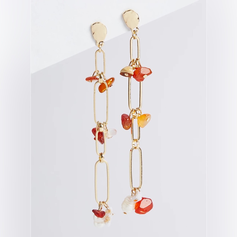 NEW Torrid Linear Earrings Gold Tone Orange Beaded Stone Geometric Link Dangly